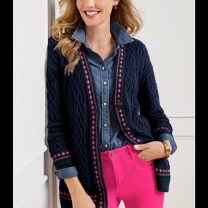 Talbots Navy Cable Knit Cardigan with Pink & Green Fair Isle Trim – Size Small‎